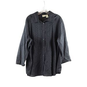 St John's Bay Black Women's Eyelet Button-Up Long Sleeve Top Shirt 2X 035
